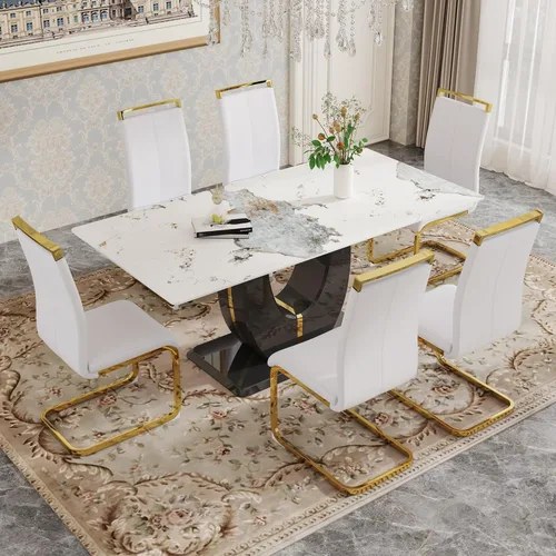 Miniatura 56 de Juego de 6 sillas de mesa de comedor para 6, juego de 6, moderno juego de comedor con mesa de comedor de mármol de 63 pulgadas, sillas tapizadas