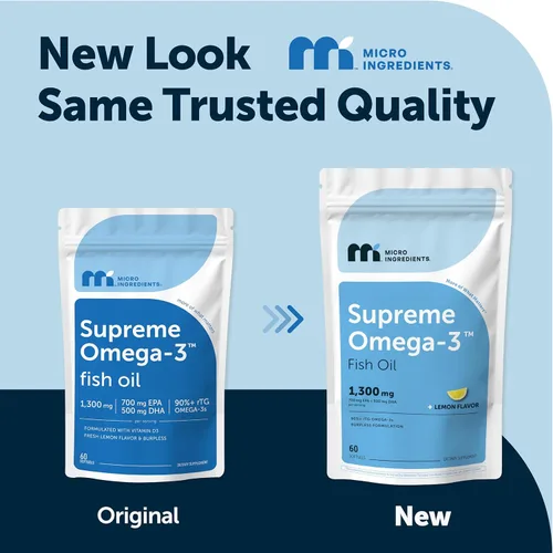 Miniatura 2 de Micro Ingredients Supreme Omega-3 Aceite de pescado con EPA y DHA ultra altos, cápsulas blandas sin eructos rTG Omega-3 con vitamina D3 Pescado