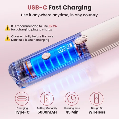 Miniatura 4 de CHIKYO Plancha de pelo inalámbrica 2 en 1, rizador portátil sobre la marcha, banco de energía portátil, 7 temperaturas, pantalla LED, mini plancha