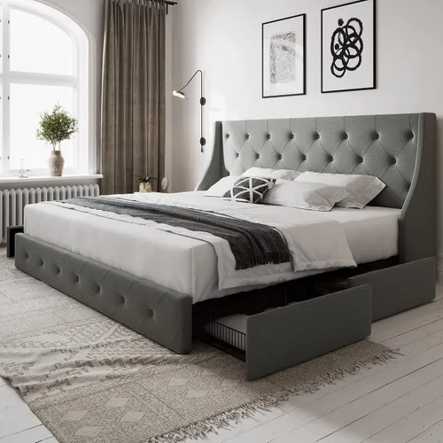 Miniatura 7 de Allewie - Base de cama de tamaño completo con 4 cajones de almacenamiento y cabecera con respaldo, diseño acolchado con botones, no necesita somier