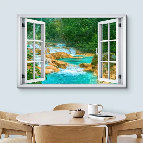 Miniatura 3 de wall26 - Cuadro en lienzo para pared, vista de ventana, río neón turquesa, rápido, bosque, lago, arroyo, naturaleza salvaje, fotografía, realismo
