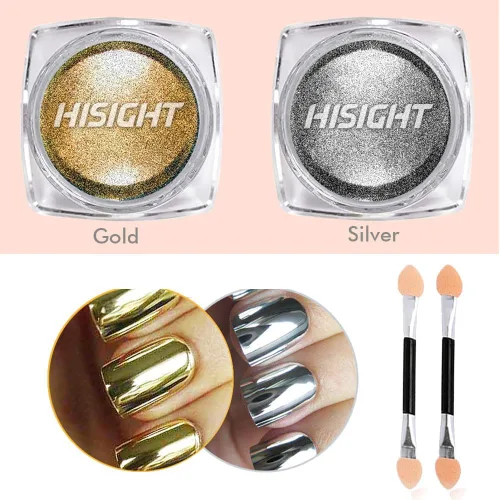 Miniatura 2 de Polvo cromado metálico Hisight 2 piezas de espejo de arte de uñas con purpurina cromada, pigmento en polvo, lentejuelas para uñas, color dorado