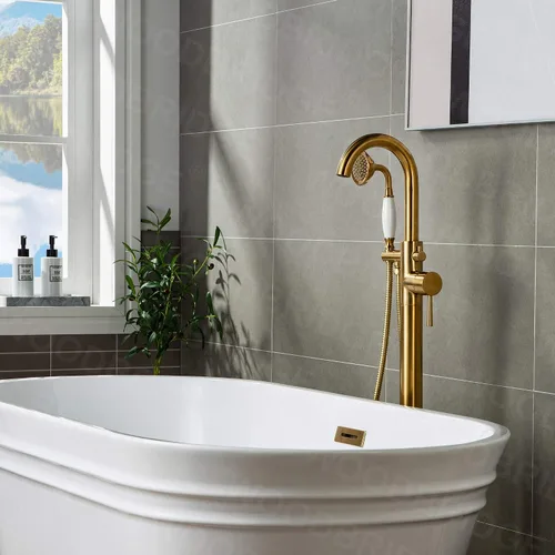 Miniatura 4 de WOODBRIDGE Grifo de llenado de bañera independiente contemporáneo de una sola manija con ducha de mano en acabado dorado cepillado, F0007-BGVT