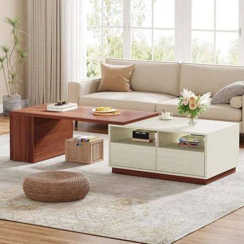 Miniatura 3 de Tribesigns Mesa auxiliar extensible con 2 cajones de almacenamiento, mesa reversible para sala de estar con estantes y parte superior ajustable