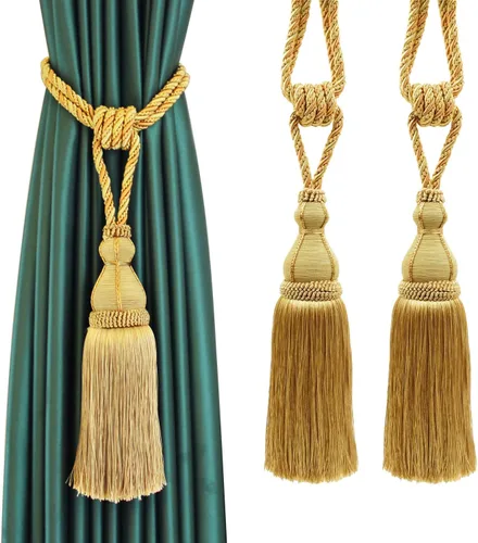 Miniatura 14 de BEL AVENIR Paquete de 2 alzapaños de cortina con borlas, grandes hechos a mano, cuerda para el hogar, oficina, hotel, elegante decorativo (beige)