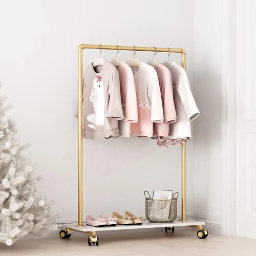 Miniatura 7 de Perchero de metal dorado con estante de madera, perchero resistente con ruedas para dormitorio, uso en boutiques minoristas (37.4 pulgadas de largo)