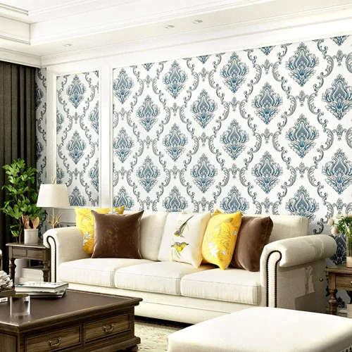 Q QIHANG Papel pintado de PVC de damasco 3D de estilo europeo para sala de estar, dormitorio, TV, fondo, pared, 20.87 "Wx393.7 L sin pegar (crema)