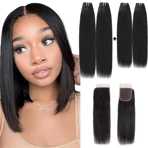 Miniatura 14 de Paquetes de cabello humano corto de 8 pulgadas 10A, pelo brasileño lacio virgen 100% cabello humano liso sin procesar, 4 paquetes 50g/Und