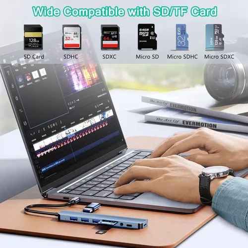 Miniatura 4 de Hub USB C Hub USB 3.0, extensor USB 8 en 1 de aluminio VIENON con lector de tarjetas SD/TF, conector auxiliar de auriculares de 3.5mm para MacBook