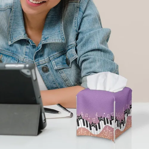 Miniatura 4 de Gomyblomy Juego de caja de pañuelos de cuero sintético con teclado de piano de gato negro, caja de pañuelos plegable impermeable con cinturón
