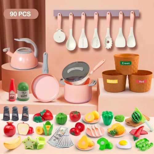 Miniatura 2 de Juego de 90 accesorios de cocina, cocina de simulación con ollas, sartenes, utensilios de cocina, alimentos, frutas, verduras, cestas de Rosa