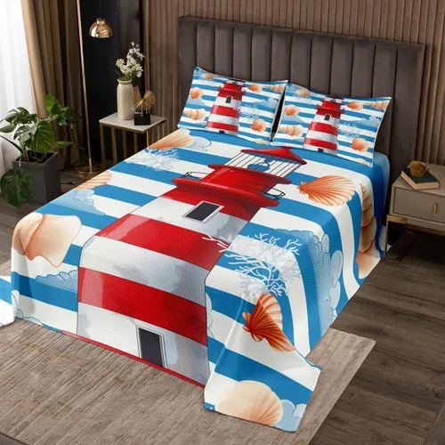 Miniatura 17 de Erosebridal Juego de colcha náutica, juego de edredón de lancha de vela, faro, acuarela con temática oceánica, juego de ropa de cama de verano