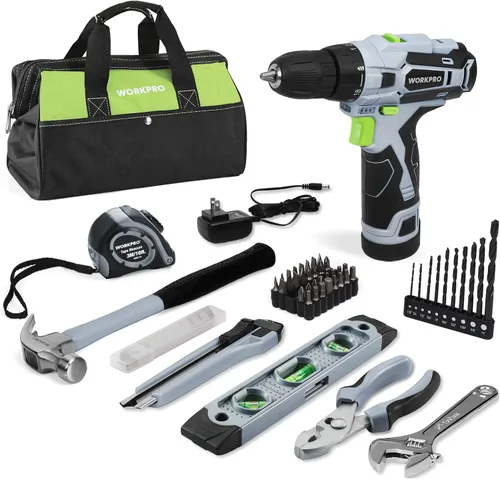 Miniatura 9 de WORKPRO Taladro inalámbrico rosa de 12 V y kit de herramientas para el hogar, juego de herramientas manuales para bricolaje, mantenimiento