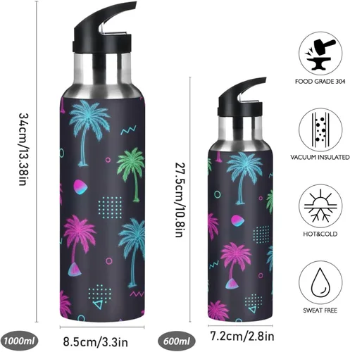 Miniatura 2 de Insulated Stainless Steel Water Bottle with Straw 20 Oz, Leakproof Water Bottles for Gym Outdoor Travel School, Tropical Palm Trees Neon