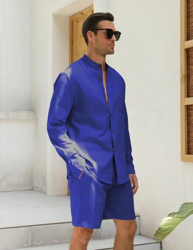 Miniatura 3 de RPOVIG Conjuntos de lino para hombre, conjuntos de verano de 2 piezas, ropa de vacaciones en la playa, camisas casuales de manga larga, pantalones