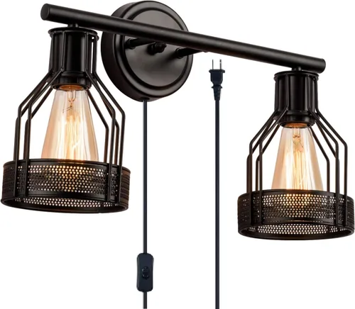 Lámpara industrial para tocador de baño, 2 luces, aplique de pared retro con cable, pantalla de metal, lámparas de pared vintage para interiores,