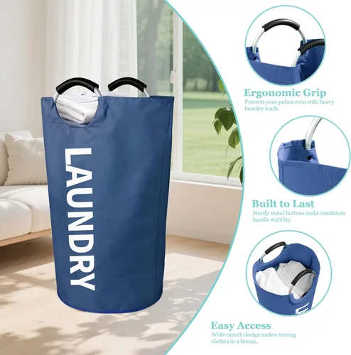 Miniatura 4 de WOOHA Cesta de lavandería grande de 95 L, cesta plegable para ropa, cestas altas de tela plegables para dormitorio, armario, baño, universidad, Azul