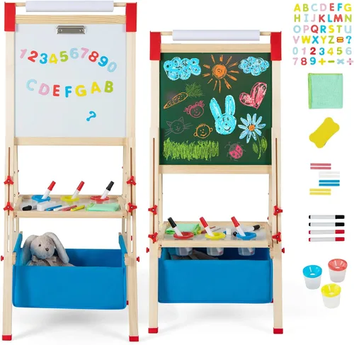 Costzon Caballete para niños, caballete de madera de doble cara todo en 1 con pizarra magnética, pizarra blanca, rollo de papel, bandeja de