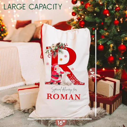 Miniatura 4 de Saco de Santa de Navidad inicial personalizado, bolsa de regalo de Navidad personalizada, bolsa de cordón con monograma
