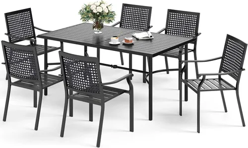 Miniatura 13 de SUNSHINE VALLEY Juego de 7 sillas de comedor para patio, material metálico, 6 sillas de comedor de color teca rectangular con agujero para sombrilla