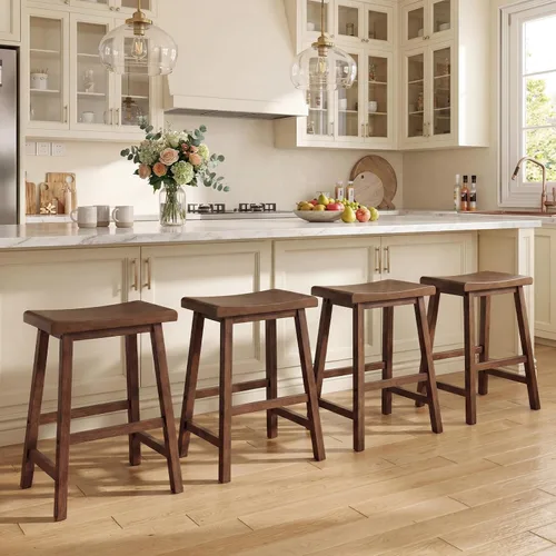 Miniatura 9 de COSTWAY Juego de 2 taburetes de madera maciza, sillas de mostrador sin respaldo de 24 pulgadas de altura con reposapiés, taburetes de madera