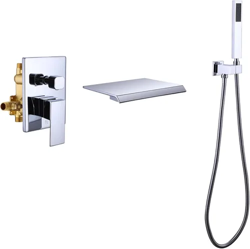 Miniatura 9 de Taplong Grifo de bañera de montaje en pared con boquilla de cascada, juego de grifo de bañera montado en la pared con rociador de mano dorado