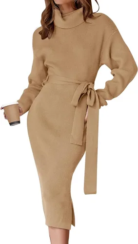 Miniatura 69 de ZESICA - Vestido por debajo de la rodilla de suéter, de cuello alto, para mujer, de manga larga, de punto acanalado, con abertura y cinturón