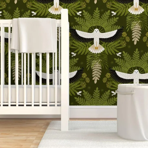 Miniatura 6 de Muestra de papel tapiz extraíble – Woodland Damasco Botánico Pájaro Botánico Moderno Selva Halcón Búho Helecho Hojas Papel pintado personalizado