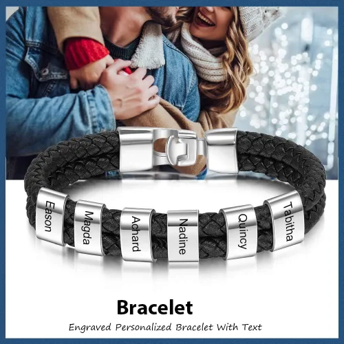 Miniatura 7 de Pulsera trenzada negra personalizada para hombre, pulsera personalizada con 1-8 cuentas personalizadas, nombres de la familia, joyería para hombres