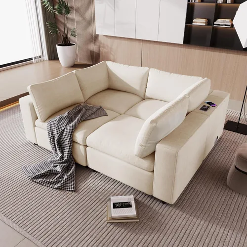 Miniatura 3 de Juego de sofá modular de 4 plazas con puertos de carga USB, sofá modular tapizado con carga inalámbrica, sofá seccional para sala de estar