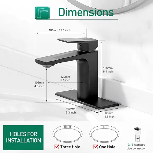 Miniatura 6 de VOTON - Grifo de baño negro mate, de un solo agujero, llave de fregadero de baño para 1 o 3 agujeros con placa de cubierta y manguera, lavabo, RV