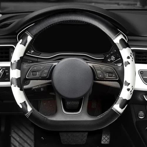 Miniatura 2 de ZHOL Funda para volante con estampado de vaca, cubierta de volante de automóvil en forma de D, piel de microfibra de 14 1/2-15 pulgadas