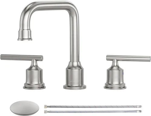 WOWOW - Grifo de baño de alto arco de 8 pulgadas con dos llaves, diseño estándar, níquel cepillado, grifo de lavabo de 3 orificios, grifo giratorio