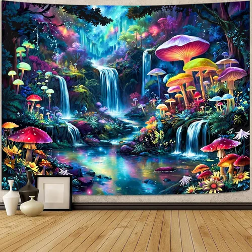Miniatura 14 de Zussun Tapiz de hongo rojo, tapices de luna y estrella para dormitorio, estética de color beige, noche estrellada, planta verde, tapiz de pared