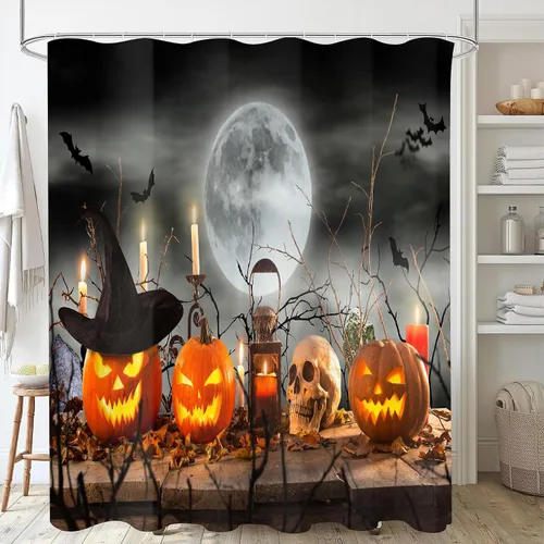 Miniatura 10 de Cortina de ducha de Halloween, calabazas de Halloween, cortinas de ducha de murciélago negro para baño, 72 x 72 pulgadas Bate negro