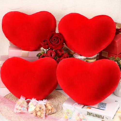 Queekay 4 piezas de almohada de corazón de San Valentín lindo cojín de peluche de San Valentín en forma de corazón, almohada decorativa de peluche