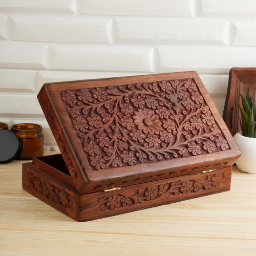 Ajuny Caja de almacenamiento decorativa de madera tallada a mano, diseño de flores, multiusos, cofre del tesoro, organizador de recuerdos, collares,