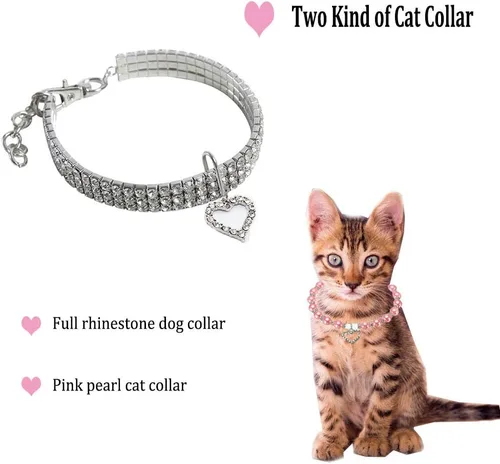 Miniatura 2 de Juego de collar de perro de diamantes de imitación y collar de perlas para perro, correa ajustable para el cuello, collar de perlas de cristal de 4