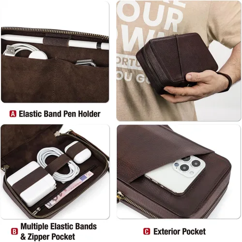 Miniatura 6 de Kit técnico de estuche organizador electrónico, cuero de grano superior hecho a mano, portátil compacto de viaje, accesorios electrónicos de viaje