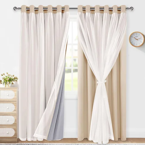Miniatura 33 de XWZO Cortinas 100% opacas de doble capa para guardería, cortinas opacas con superposición transparente para dormitorio de niñas, cortinas