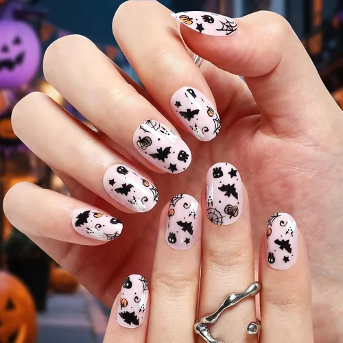 Miniatura 6 de Artquee Uñas postizas a presión de Halloween, paquete de 4 96 piezas, puntas postizas ovaladas cuadradas cortas con diseños de fantasma, llama