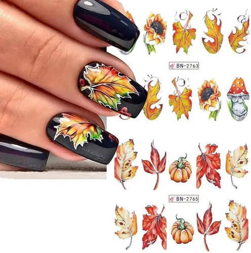 Miniatura 5 de 500 patrones de calcomanías de uñas de otoño para mujer, calcomanías de agua de dibujos animados, calabaza, hongo, hoja de arce, calcomanías