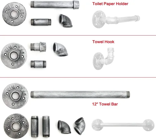 Miniatura 7 de HouseAid Juego de 3 toallas de tubo industrial, kit de toallero de acero rústico, estilo vintage, accesorios para baño, montaje en pared, plata