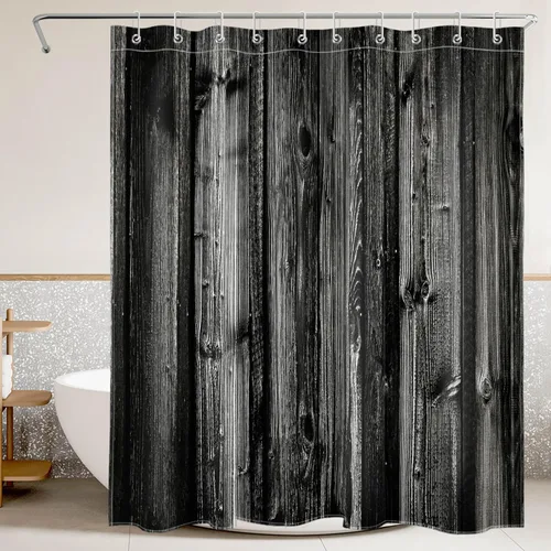 LB Cortina de ducha rústica con tablero de madera, estilo campestre, estilo granero, estilo vintage, color negro y gris, cortina de baño con