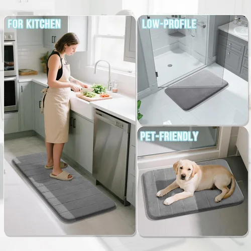 Miniatura 6 de Yimobra Juego de 3 tapetes de baño de espuma viscoelástica con alfombra de inodoro en forma de U, antideslizantes, súper suaves, absorbentes, de Gris