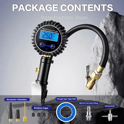 Miniatura 7 de Medidor digital de presión de neumáticos con inflador, portabrocas de aire resistente de 250 PSI y accesorios de compresor con acoplador de conexión