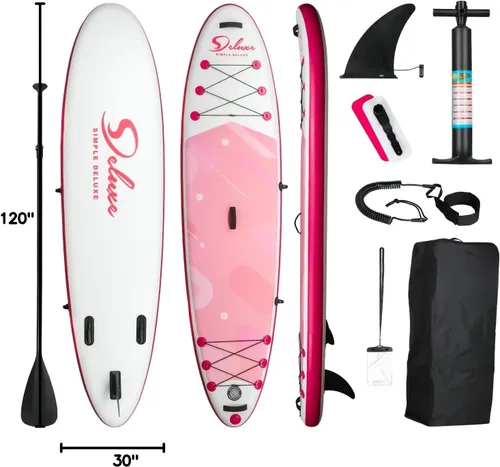 Miniatura 7 de Tabla de remo inflable Simple Deluxe Premium para todos los niveles de habilidad, tablas de remo rosa para adultos y jóvenes, tablas de remo