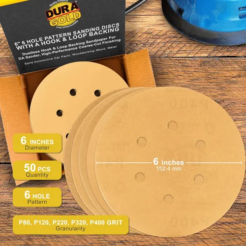 Miniatura 2 de Dura-Gold Premium 80, 120, 220, 320, 400 discos de papel de lija dorados de 6 pulgadas, patrón de 6 agujeros, sin polvo, 10 cada uno, 50 en total