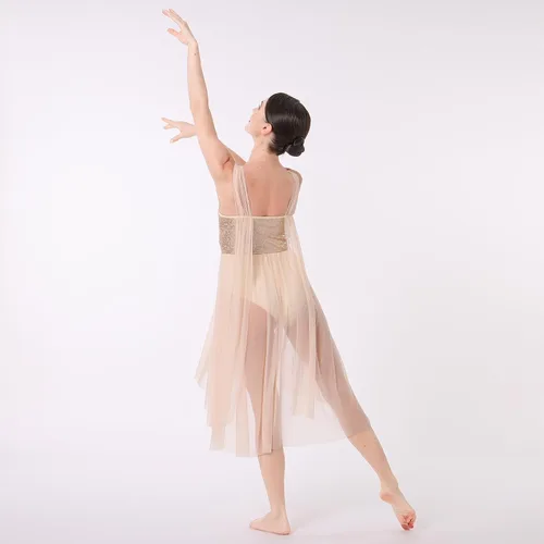 Miniatura 3 de ODASDO Vestido de baile lírico moderno y contemporáneo para mujer, disfraz de lentejuelas de tul de malla, falda alta y baja, ropa de ballet