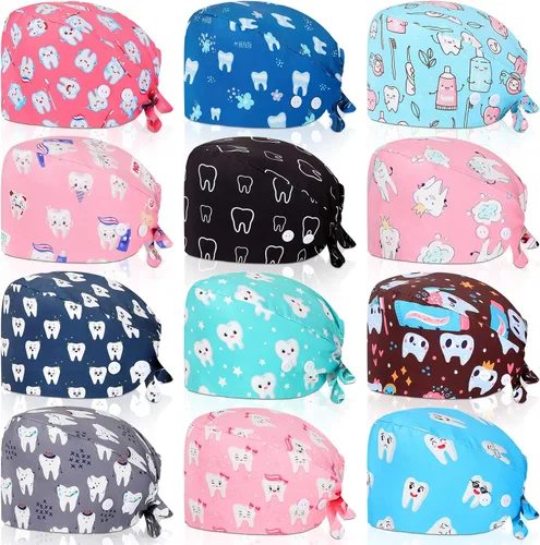 Unittype 12 gorras dentales para mujer, ajustables, para dentista, gorras elásticas para enfermeras, patrón de dientes, sombreros de trabajo a granel